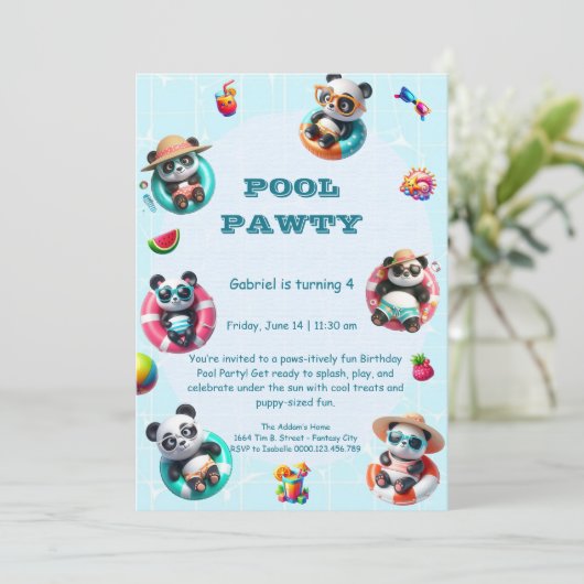 キュートパンダプールパーティー誕生日招待状サマー 招待状 (スタンド正面)