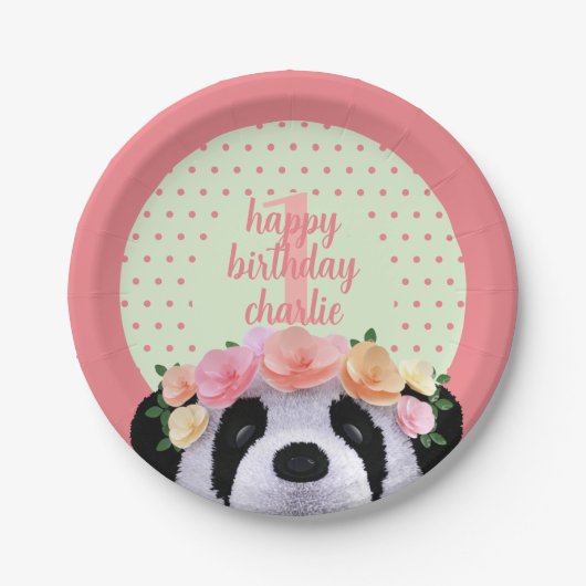 キュートパンダベア誕生日エイジピーチ紙プレート ペーパープレート (正面)