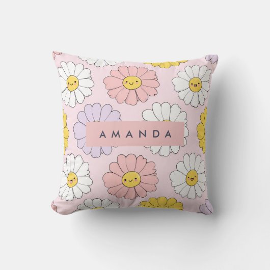 キュートパーソナライズされたかわいいパステルデイジーフラワー顔 クッション (正面)