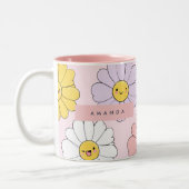 キュートパーソナライズされたかわいいパステルデイジーフラワー顔 ツートーンマグカップ (左)