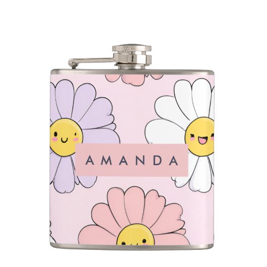 キュートパーソナライズされたかわいいパステルデイジーフラワー顔 フラスク (正面)