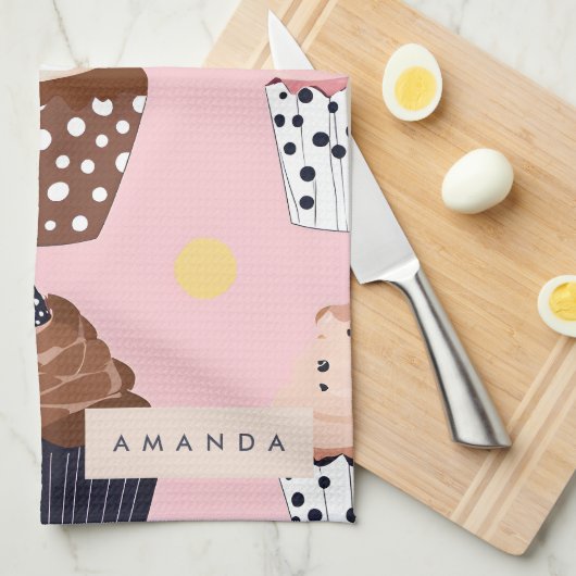 キュートパーソナライズされたなカップケーキ キッチンタオル (四つ折り)