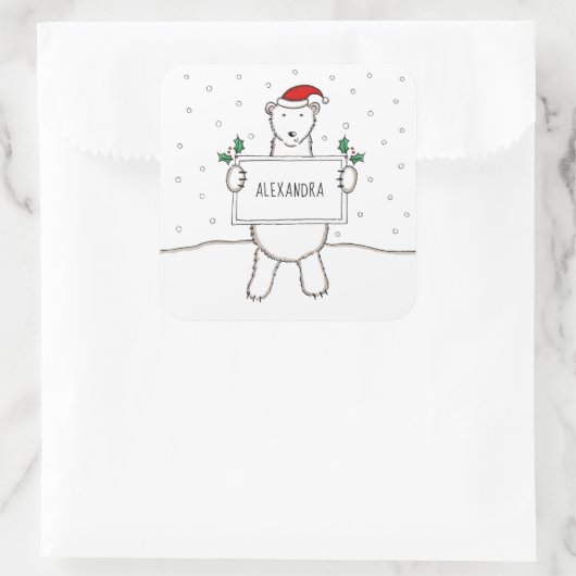 キュートパーソナライズされたなクリスマスのシロクマのクリスマス スクエアシール (バッグ)