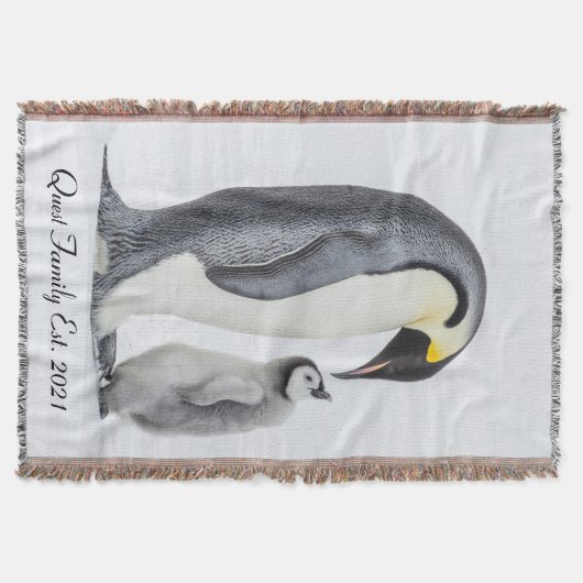 キュートパーソナライズされたなペッティングペンギンと雛 スローブランケット (正面)