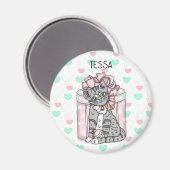キュートパーソナライズされたな子猫ピンクボウ マグネット (正面/裏面)
