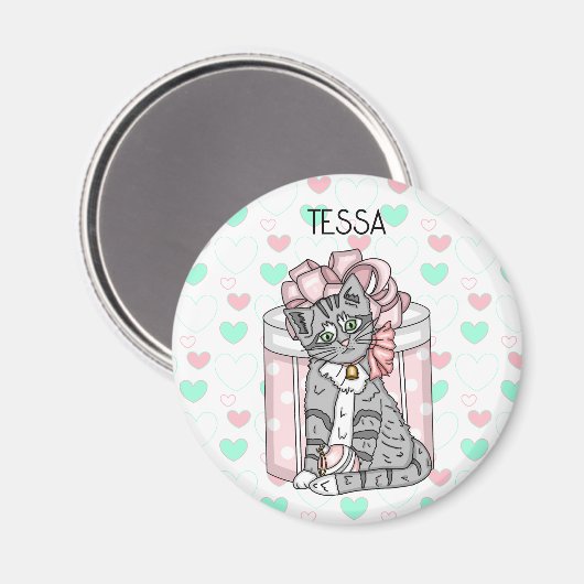 キュートパーソナライズされたな子猫ピンクボウ マグネット (正面/裏面)