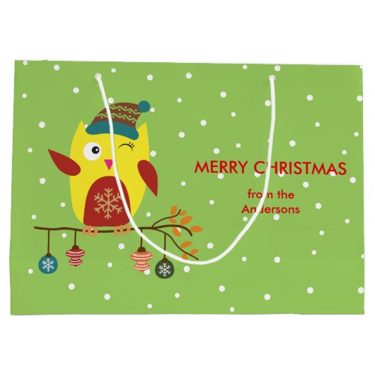 キュートパーソナライズされたウィンターフクロウクリスマスデザイン ラージペーパーバッグ (裏面)