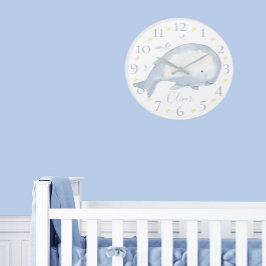 キュートパーソナライズされたウォーターカラーベビー航海の鯨L ラージ壁時計