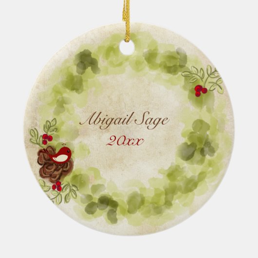 キュートパーソナライズされたウッドランドキツネアンドホリデーリース セラミックオーナメント (裏面)