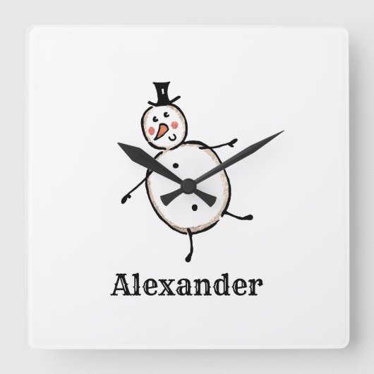キュートパーソナライズされたクリスマス雪だるまアクリル スクエア壁時計 (正面)