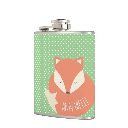 キュートパーソナライズされたスリープキツネグリーン水玉模様 フラスク (左)