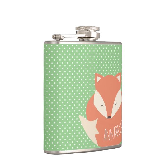 キュートパーソナライズされたスリープキツネグリーン水玉模様 フラスク (右)