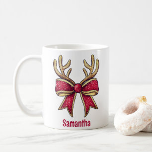 キュートパーソナライズされたトナカイ弓クリスマス コーヒーマグカップ