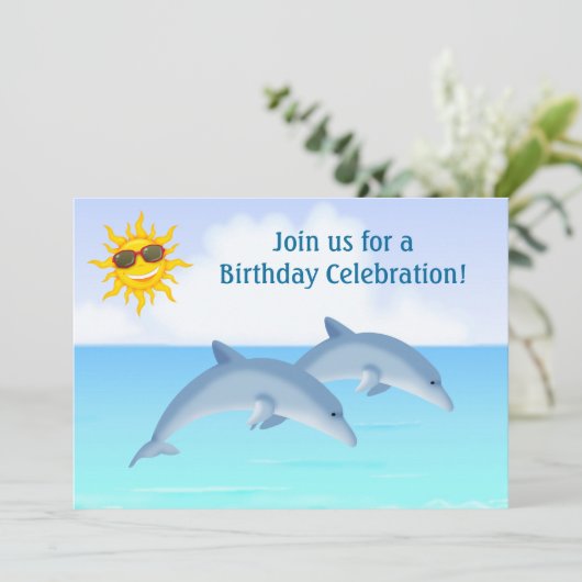 キュートパーソナライズされたドルフィンズビーチ誕生日招待状 招待状 (スタンド正面)