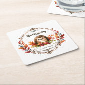 キュートパーソナライズされたハリネズミ幸せな感謝祭 スクエアペーパーコースター (アングル)