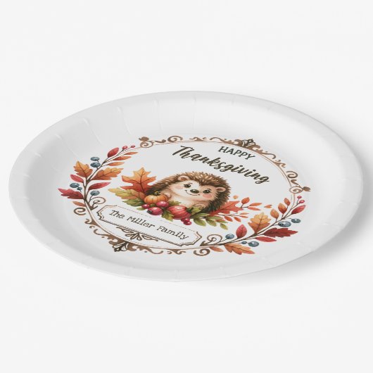 キュートパーソナライズされたハリネズミ幸せな感謝祭 ペーパープレート (アングル)