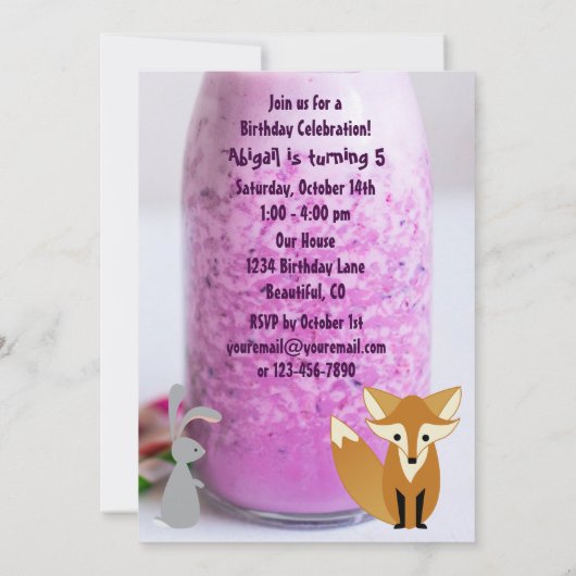 キュートパーソナライズされたバニーとキツネミルクシェイク誕生日 招待状 (裏面)