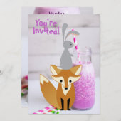 キュートパーソナライズされたバニーとキツネミルクシェイク誕生日 招待状 (正面/裏面)