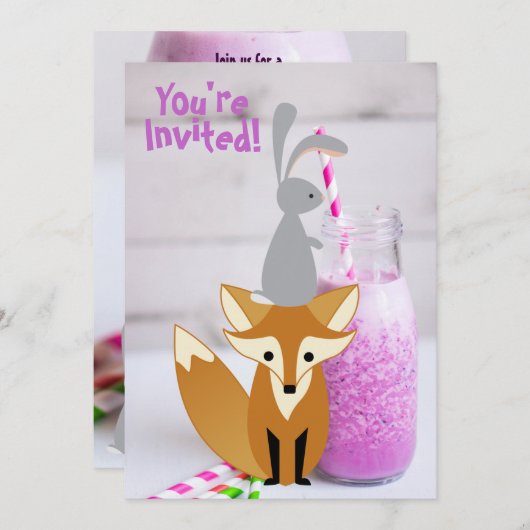 キュートパーソナライズされたバニーとキツネミルクシェイク誕生日 招待状 (正面/裏面)