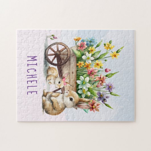 キュートパーソナライズされたバンニーズガールイースター ジグソーパズル (横)