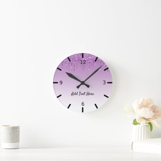 キュートパーソナライズされたパープルドリップグリッター ラウンド壁時計 (ホーム)