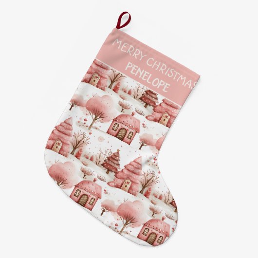 キュートパーソナライズされたピお洒落ンク冬のクリスマス ラージクリスマスストッキング (正面 (吊り時))