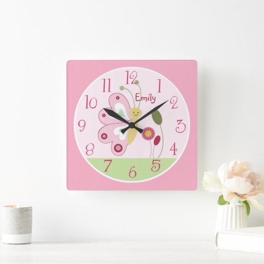 キュートパーソナライズされたピンクバタフライ子供部屋時計 スクエア壁時計 (ホーム)