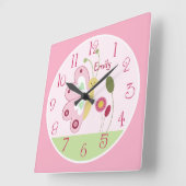 キュートパーソナライズされたピンクバタフライ子供部屋時計 スクエア壁時計 (傾斜)