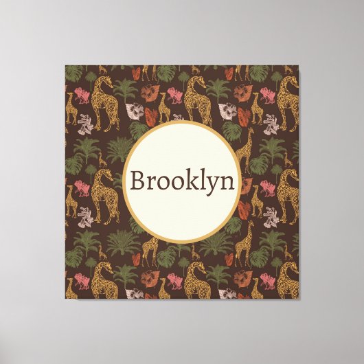 キュートパーソナライズされたブラウンサファリキリンフローラ キャンバスプリント (正面)