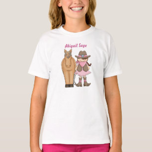 キュートパーソナライズされたブルネット女性のカーボーイアンドホース Tシャツ