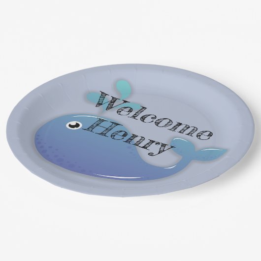 キュートパーソナライズされたブルーホエールベイビーシャワー ペーパープレート (アングル)