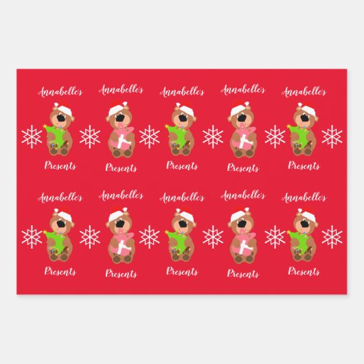キュートパーソナライズされたベアハッピークリスマスラッピングP ラッピングペーパーシート (正面)