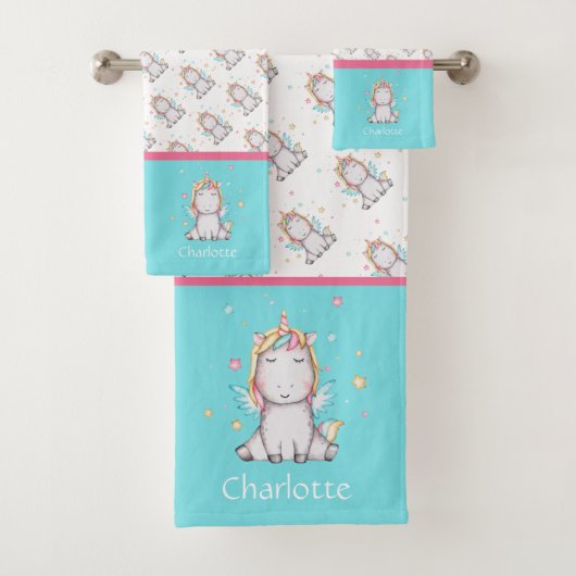 キュートパーソナライズされたベビーユニコーンズピンク&ティール(緑がかった色) バスタオルセット (インサイチュ)
