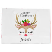 キュートパーソナライズされたホリデートナカイ顔クリスマス ラージペーパーバッグ (裏面)