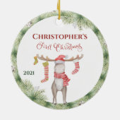 キュートパーソナライズされたムースバビズ初めてのクリスマス セラミックオーナメント (裏面)