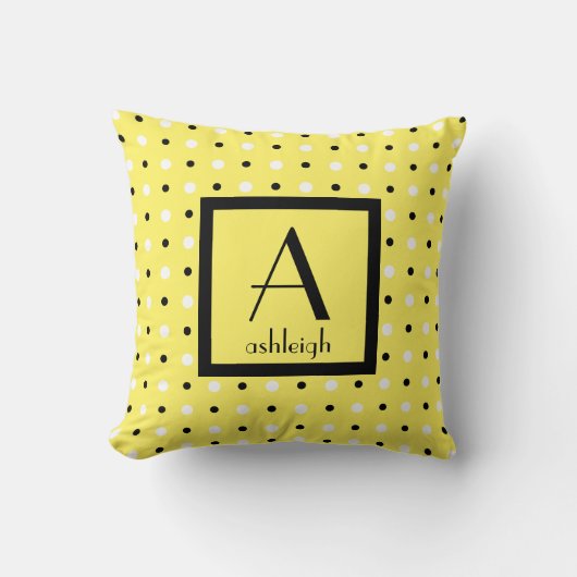 キュートパーソナライズされたモノグラム、イエローw水玉模様 クッション (正面)