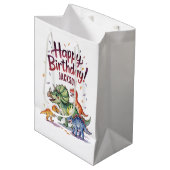 キュートパーソナライズされた恐竜誕生日 ミディアムペーパーバッグ (正面アングル)