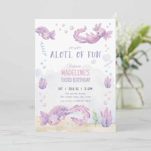 キュートパープルアクソロトル誕生日招待状 招待状 (スタンド正面)