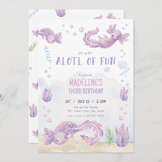 キュートパープルアクソロトル誕生日招待状 招待状 (正面/裏面)