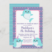 キュートパープルアンダーザシーナルファル誕生日 招待状 (正面/裏面)