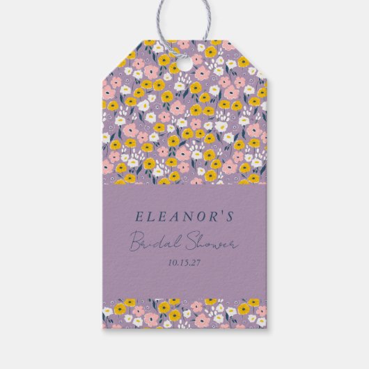 キュートパープルイエローフローラブライダルシャワーカスタム ギフトタグ (正面)