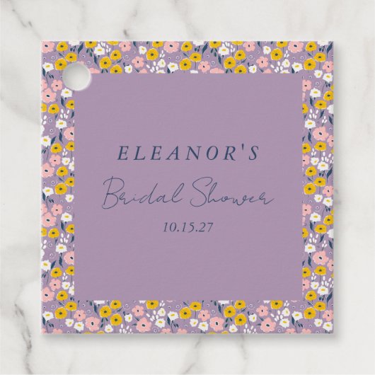 キュートパープルイエローフローラブライダルシャワーカスタム フェイバータグ (正面)
