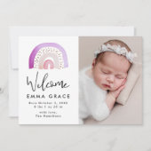 キュートパープルウォーターカラーレインボー誕生 案内状 (正面)