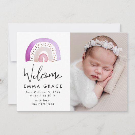 キュートパープルウォーターカラーレインボー誕生 案内状 (正面)