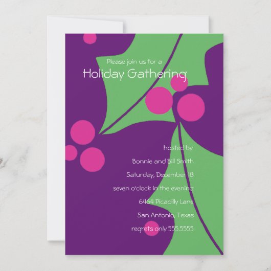 キュートパープルグリーンピンクホリーベリーホリデーパーティー 招待状 (正面)