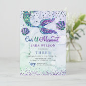 キュートパープルグリーンモダングリッターマーメイド誕生日 招待状 (スタンド正面)