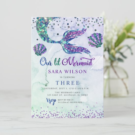 キュートパープルグリーンモダングリッターマーメイド誕生日 招待状 (スタンド正面)