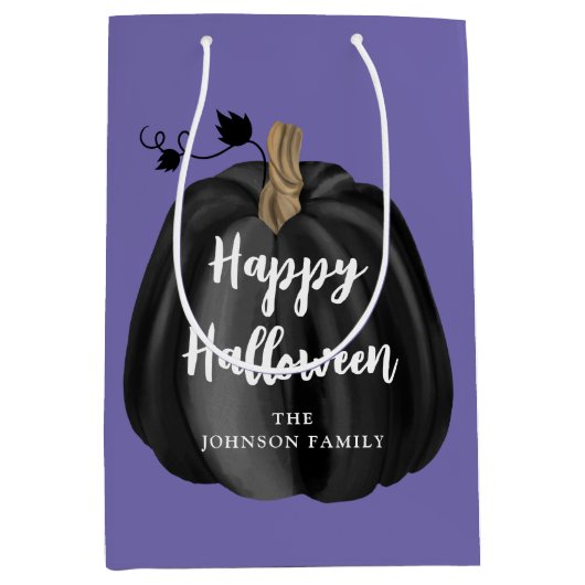 キュートパープルスクリプトカボチャハッピーハローウィン ミディアムペーパーバッグ (正面)