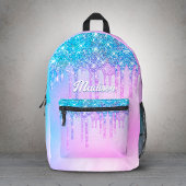キュートパープルターコイズグリッタードリップスモノグラム プリントバックパック
