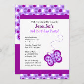 キュートパープルバタフライ&水玉模様誕生日招待状 招待状 (正面/裏面)